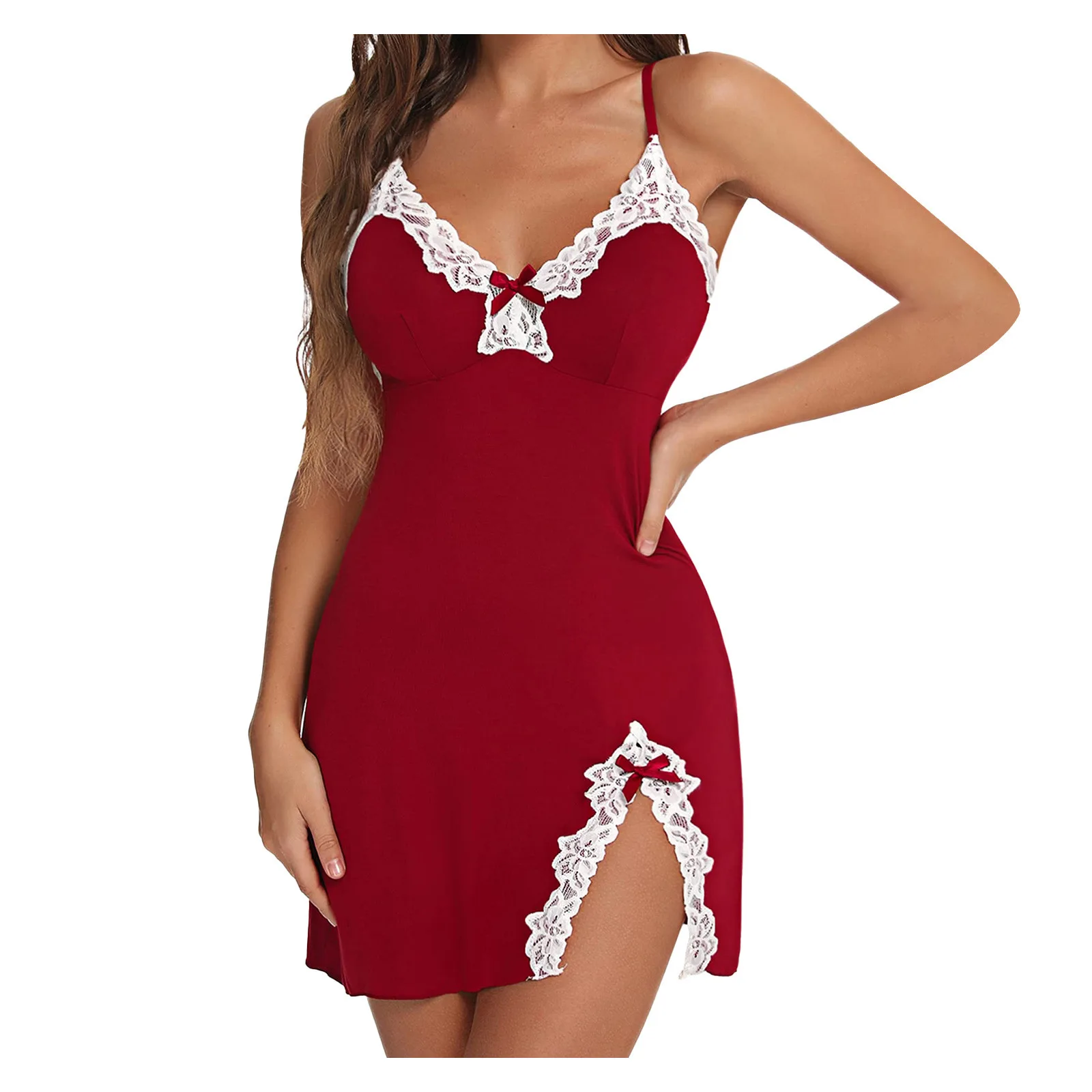 European American Plus-Size Milk Silk Lingerie Set Summer Push-Up Sexy Deep V-Neck Bow Tie Side-Slimming Camisole Nightdress Set