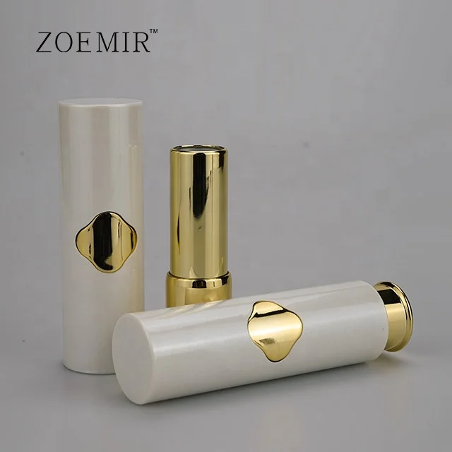 Round White Push Button Lipstick Tubes Metallic Gold  Luxury Plastic Lipstick Container High Quality Empty Lip Balm Container