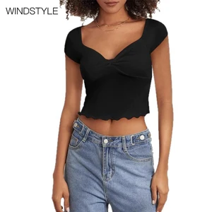 Women's Summer Slim Fit Fashion V-Neck Jacket with Ruffled T-Shirt Breathable and Short Length Solid Pattern