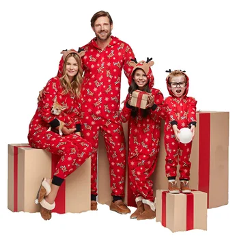 Family Pajamas Jumpsuit Matching Sets Matching Christmas PJs Reindeer One-Piece Hooded Sleepwear Onesie For Kids and Adults