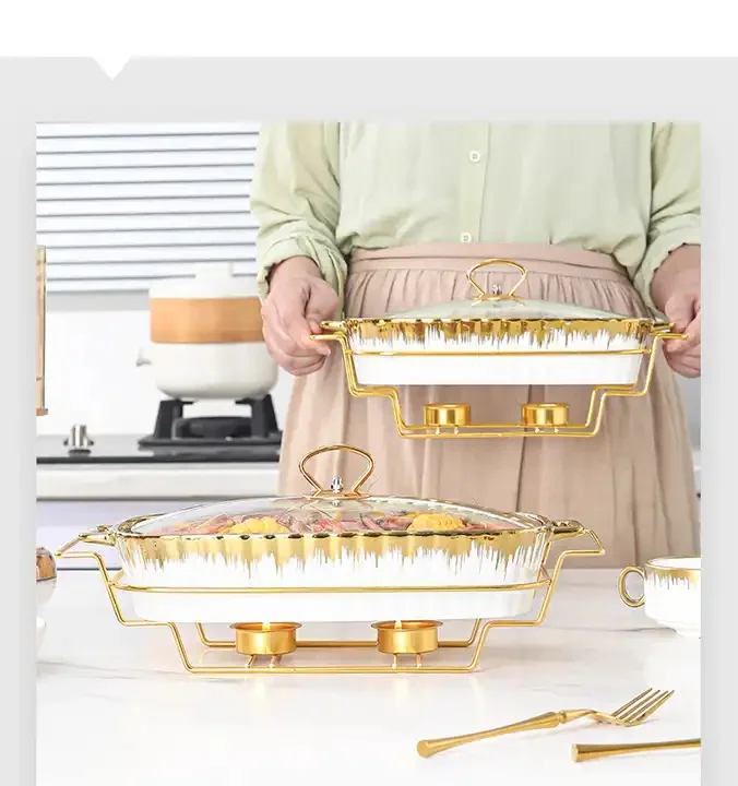 Luxury Gold Ceramic Food Warmer Buffet Serving Dish Soup Pot Candle Chafing Dish Buffet Set
