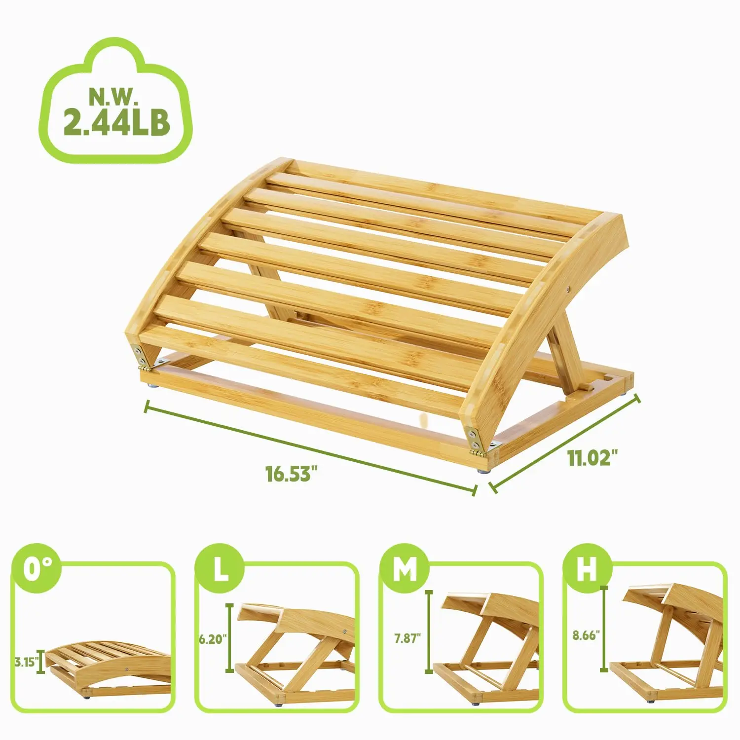 Poggiapiedi in bambù regolabile sotto la scrivania con angoli