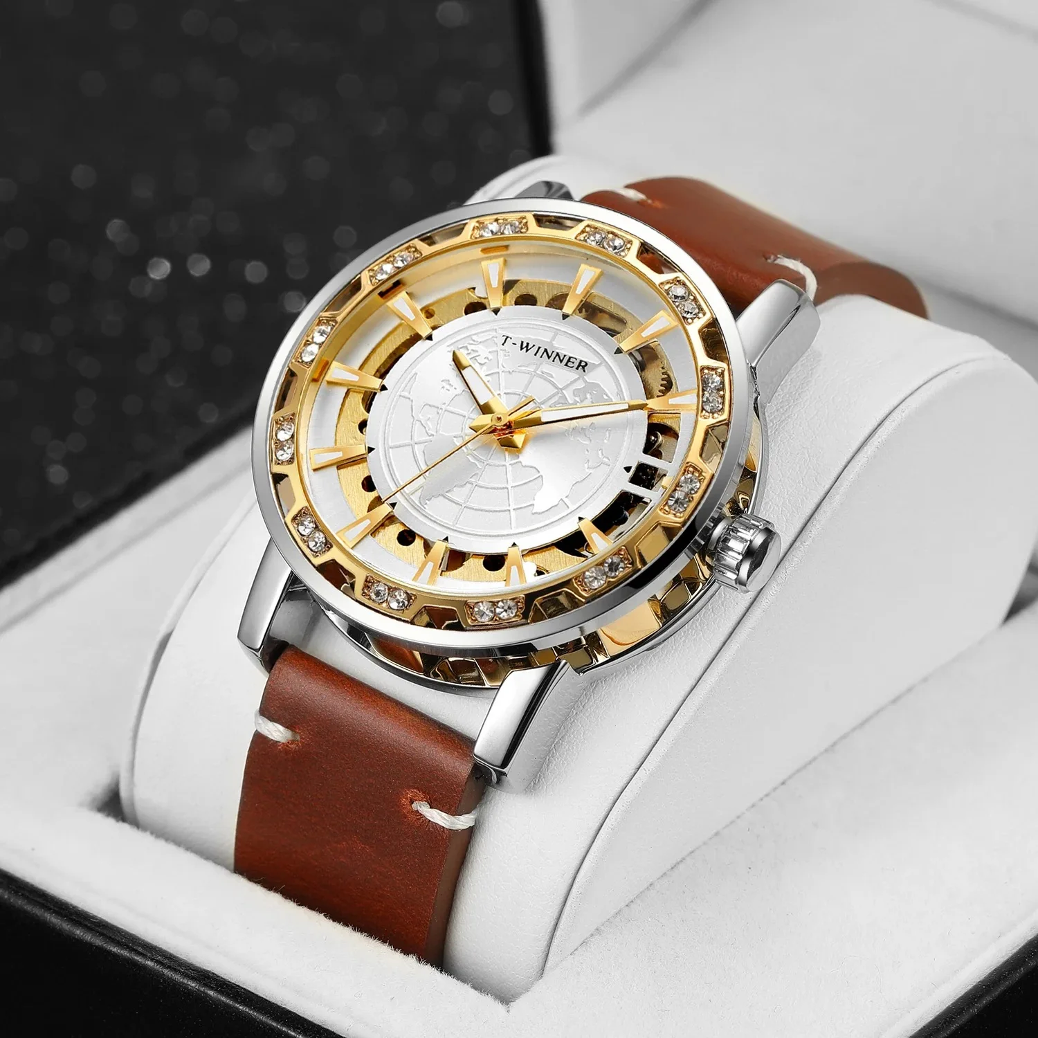 WINNER Mechanical Watch for Men Business Classic Diamond Watches Luxury Genuine Leather Strap Waterproof Golden Wristwatches