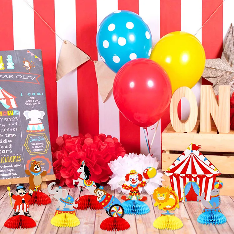 RGISHOP 9-Piece Circus Honeycomb Table Decor – Carnival Party Centerpieces For Tables, Blue Red Yellow Themed Toppers