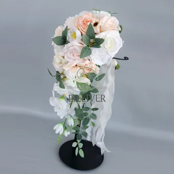 Bouquet Da Sposa A Cascata In Seta - Fiori Artificiali Colore Terracotta Tramonto Per Matrimonio Rustico