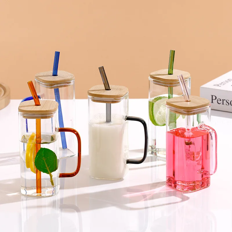 400ml Clear Square Base Glass Cup With Bamboo Lids And Straws