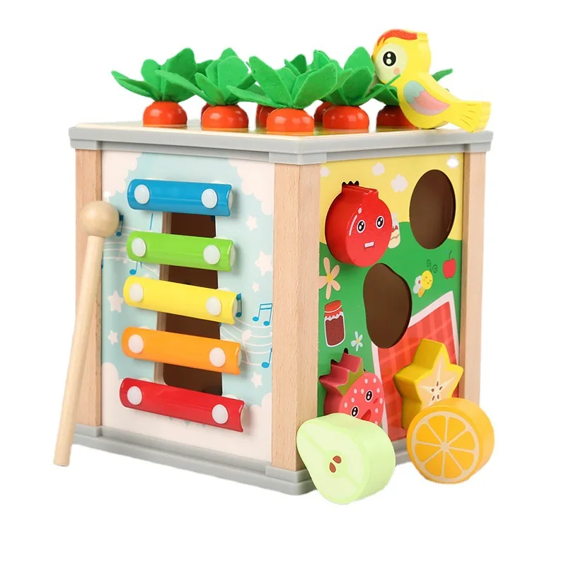 Cube d'activités en bois pour enfants 6 en 1 Boîte multifonctionnelle Trieur de formes d'apprentissage pour enfants Jouets éducatifs Montessori pour tout-petits