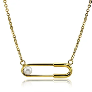 Women's Personalized Stainless Steel Safety Pin Pearl Choker Necklace with Rolo Chain Silver Gold Clip Pendant for Gift