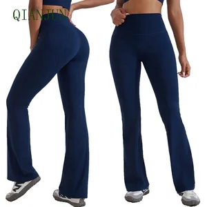 Wholesale Custom Ribbed Flare Pants V Waist Fitness Yoga Leggings With Pocket Lightweight Spandex Print Sport Leggings