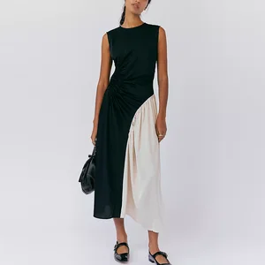 Summer New Trend Cutout Design Ruched Waist Sleeveless Ladies Long Dress Custom Color Block Women Elegant Jersey Midi Dress