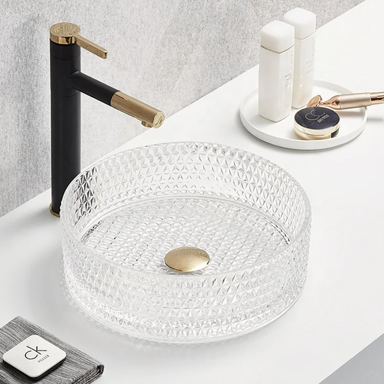 Modern Gold Line Crystal Wash Hand Basin Transparent Tempered Glass Bathroom Sink Counter Mount Installation Ceramic Stone