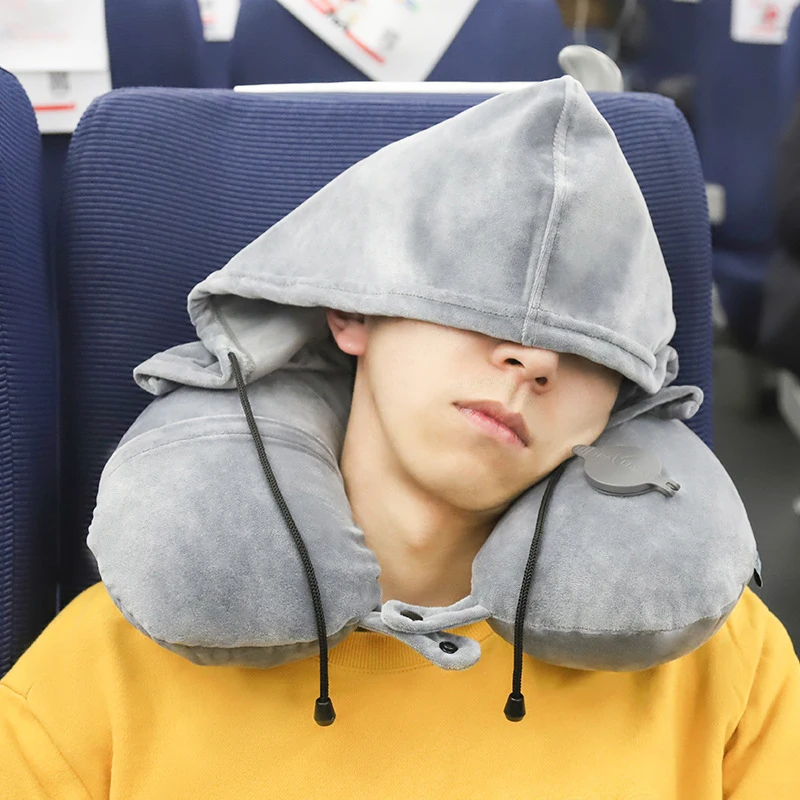 New Design Removable U Neck Support Pillow Inflatable Travel Neck Pillow With Hoodie