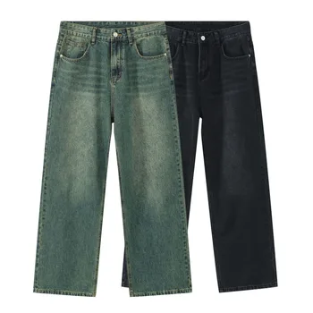 Custom Label Colorful Retro Men Fashion Denim 100% Cotton Washed Straight Wide Leg Plus Size Men Baggy Jeans Pants