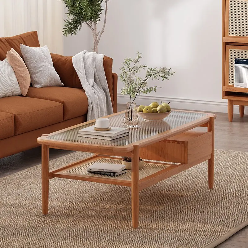Japanese Contracted Style Rectangular Real Wood Cane Makes Sitting Room Glass Coffee Table