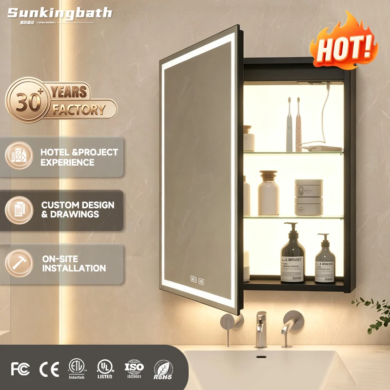 LED Mirror Cabinet with Shaver Socket Dual USB Charging Port Anti-Fog Backlit Wall Mounted Bathroom Medicine Cabinet for Hotel