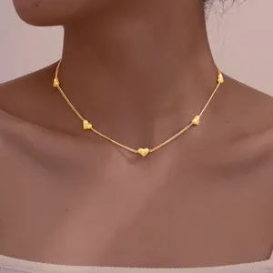 Trendy Women Inlaid Zircon Sweet Heart Chain Necklace Stainless Steel Gold Plated Jewelry Necklace