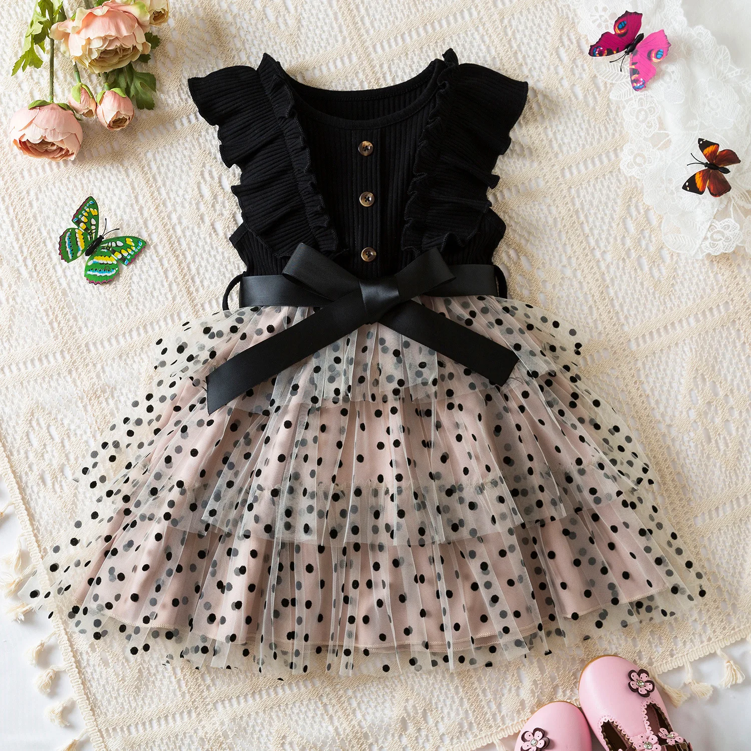 black dress with pink polka dots Dusk Haven Off Shoulder Maxi Dress Black / M main image 0