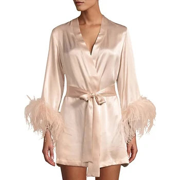 Luxury Feather Robe Ladies Pajamas Bath Lounge Wear Plus Versache Robes Femme Stretch Satin Silk Robe Women's Sleepwear
