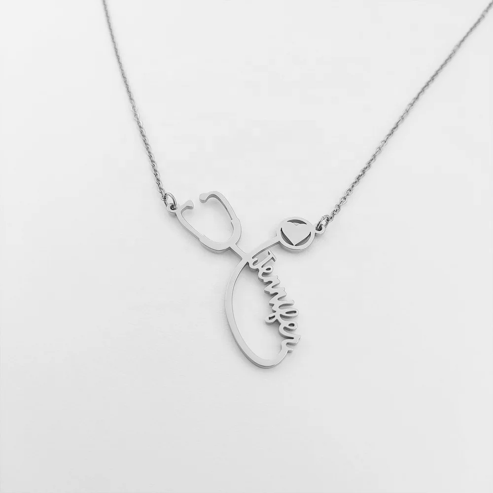 Name Stethoscope Necklace Heart ECG Gold Plated Nurse Doctor Stethoscope  Pendant Necklace Joyeria Fina Stainless Steel De China