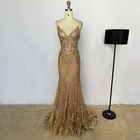 Chaozhou Customized V Neck Spaghetti Straps Floor Length Sequined Sexy Luxury Gold Mermaid Evening Dresses