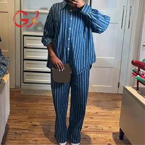 GX7335 Fashion 2026 Fall Street Wear Lady Clothing Boutique Long Sleeve Stripped Shirt and Wide Leg Pant Women 2 Piece Sets