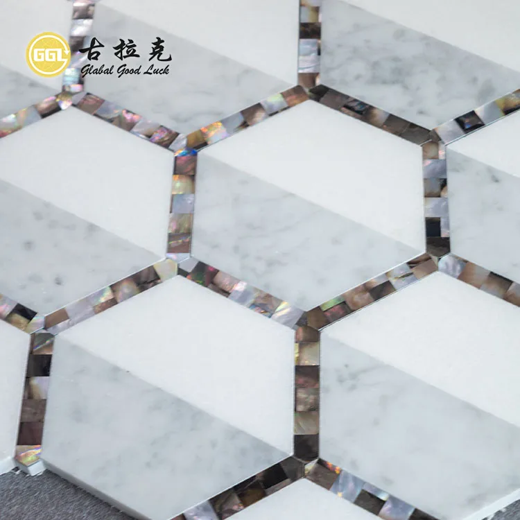 Hexagon Shape Thassos White Marble Mix Shell Waterjet Mosaic Tiles