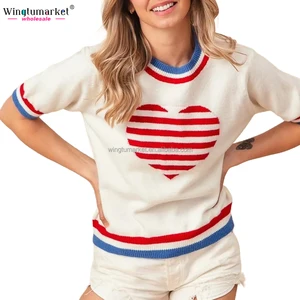 Independence Day Woman Pullover Knits Sweater Short Sleeve Custom US Striped Heart American Patriotic Crewneck Women Sweaters