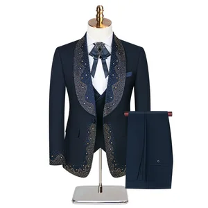 European Station 2026 Cross-border Large Size Foreign Trade Slim Men's Suit Three-piece Single Breasted Button Fly Long Beaded