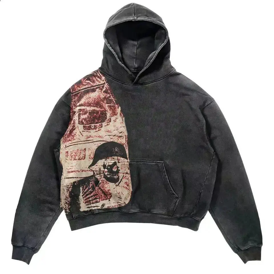 Custom Pullover Hooded Sweatshirts Heavyweight 400GSM Cotton Oversized Graphic Screen Printing Vintage Acid Wash Hoodie for Men gallery 2