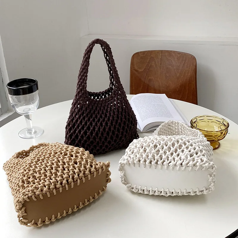 Summer New Women Hand-woven Cotton Crochet Summer Beach Bag Handmade ...
