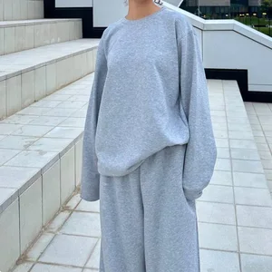 OEM Blank Crew Neck Activewear Sports Outfit Women Sweatshirt and Sweatpants 2pcs Gym Fitness Workout 100%cotton Set