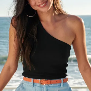 2026 Women's Fashion Oblique Shoulder Long Vest Solid Black Breathable Velvet Ice Silk Cotton Thread Casual Style Tank Tops