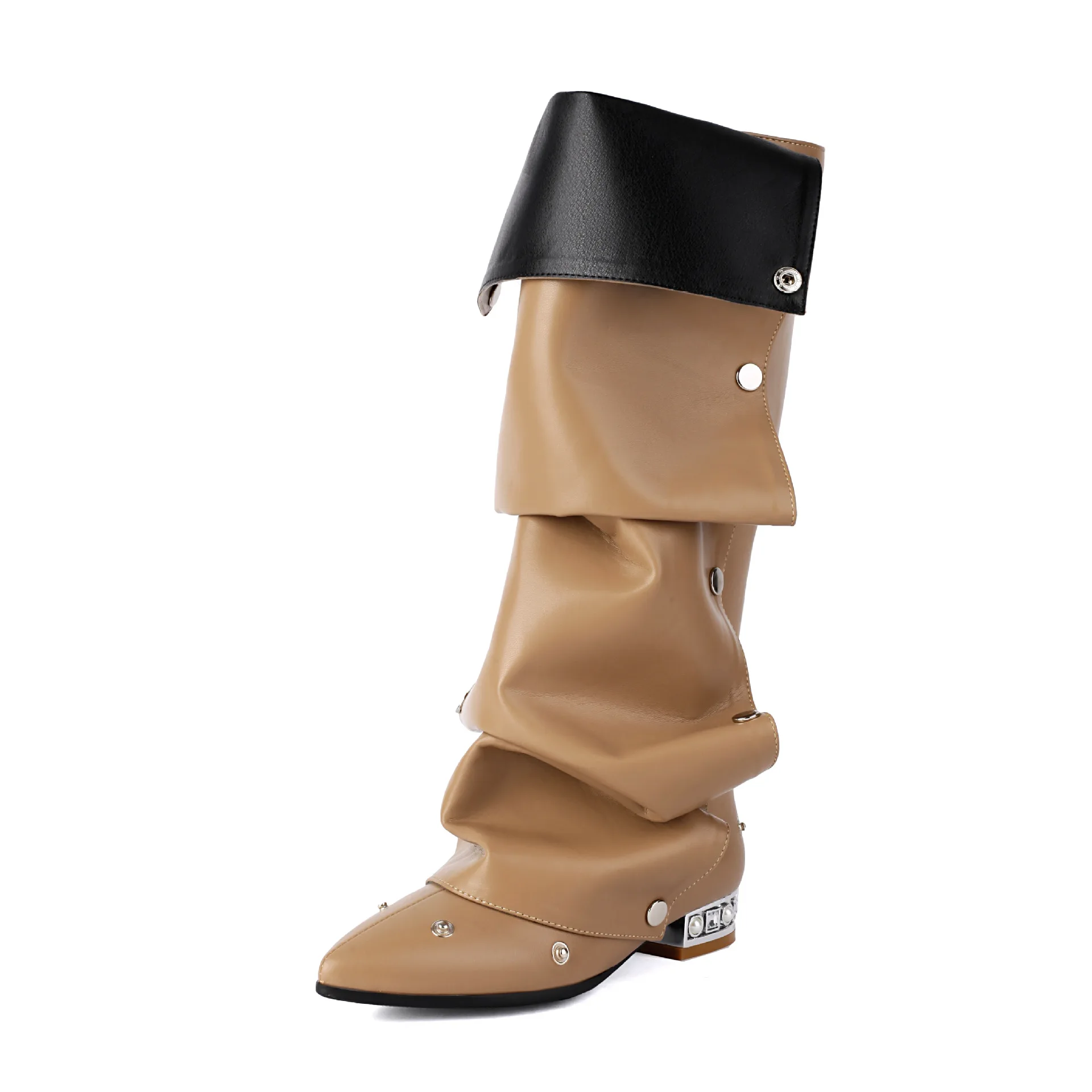 Winter Shoes Plus Size 48 Metal Rivets Black Pleated Upper Flats Square Heels Wide Fit Women Knee High Long Boots - Image 2