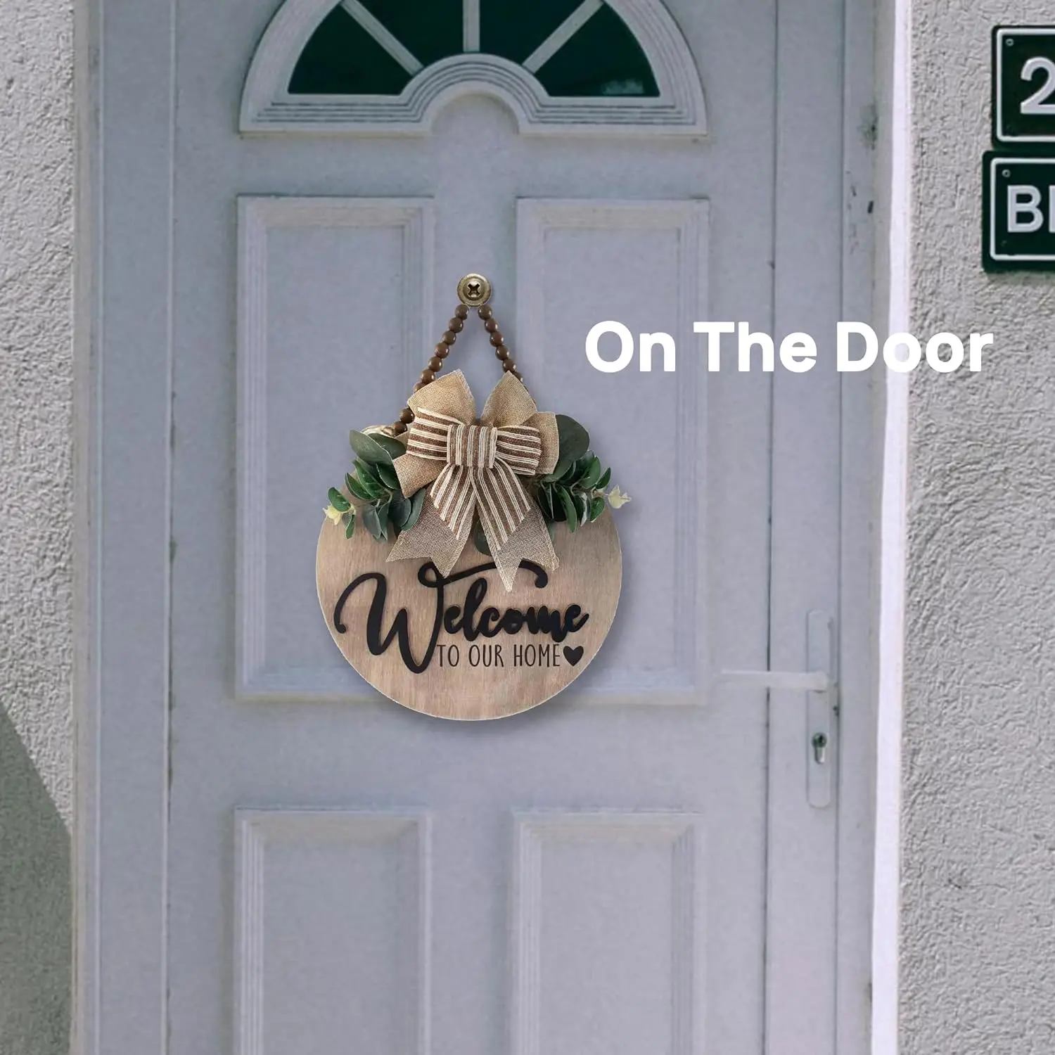 3D Welcome Sign for Front Door | Home Farmhouse Porch Decor Wooden Hanging Sign with Artificial Leaves and Rustic Beads