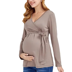 Solid Color V-Neck Long-Sleeved Cotton Maternity Top Breastfeeding Blouse & Shirt