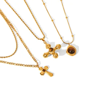 MW Retro 18K PVD Gold Plated Crossed Green Agate Tiger Eye Necklace Natural Stone Cross Pendant Necklace for Women Girls