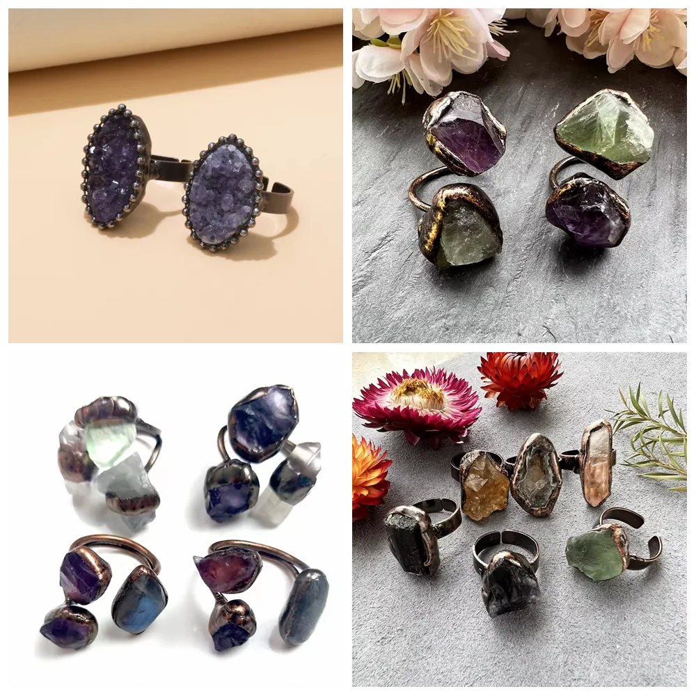 New Designs Raw Quartz Ring Green Fluorite Stone Nugget Ring with Gold Antique Bronze Plated Adjustable Band Ring for Unisex