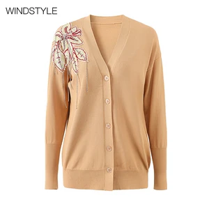 Handmade Custom Women's V-Neck Loose Knit Top Cardigan Embroidered Bead Decorative with Button Casual Outerwear Viscose Lining