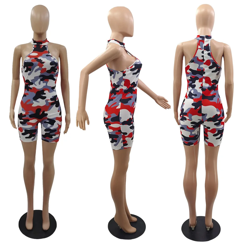 Camouflage Print Sleeveless With Zipper Bodycon Jumpsuit Shorts Rompers
