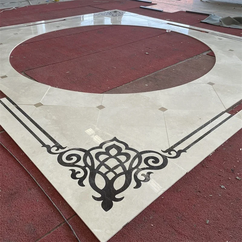 天然ベージュマーブル模様・ウォータージェット加工メダリオン床タイル｜高級別荘向けウォータージェットインレイ床タイル