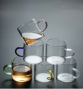 56H Wholesale high borosilicate glass coloured teacups with handles household high temperature resistant tea set