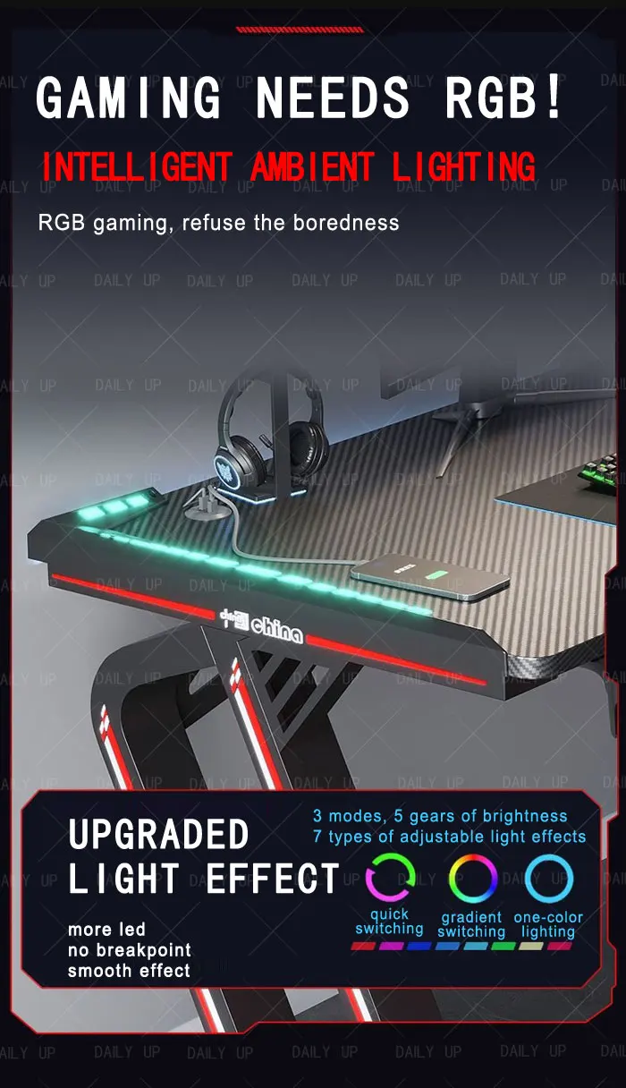 RGB PC Gaming Table With Carbon Fiber Texture Cable Box Steel Frame Professional Gamer Computer Desk For E-Sports Entertainment