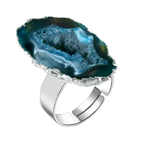 Adjustable Natural Stone Agate Ring Teardrop Geode Custom Druzy Rings