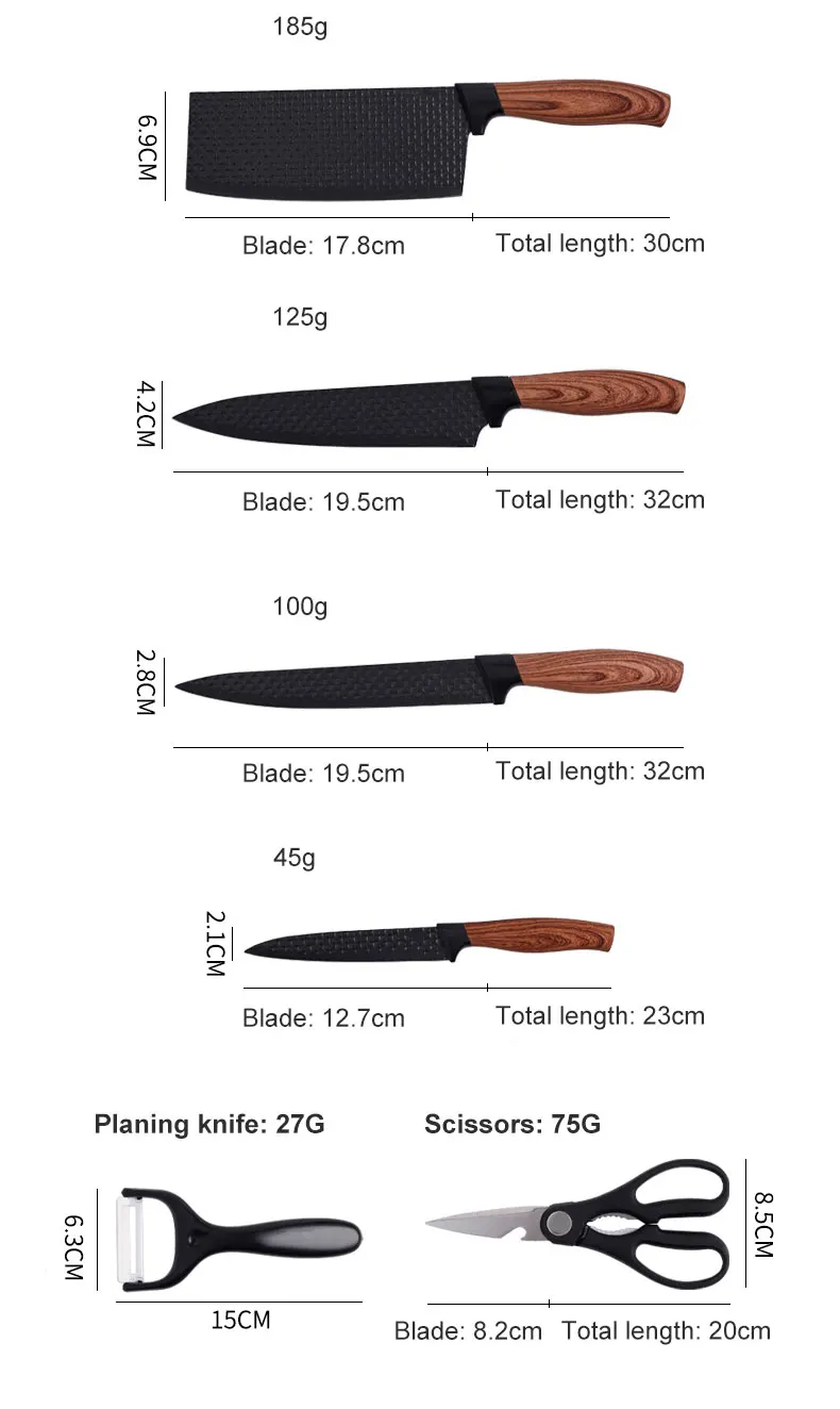 6pcs Nonstick Kitchen Accessories Scissors Peeler Wood Grain Pattern Stainless Steel Kitchen