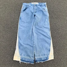 Color Block Baggy Denim Jeans Custom Design Ripped Hem Men  Fashion Jeans