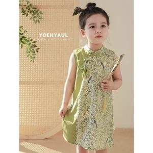 YOEHYAUL Qipao Green Floral Made Kids Dress Manufacturers Custom Logo Sweet Pastoral Style Toddler Baby Girls Dresses Summer