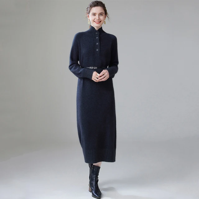 High Quality Autumn Winter Thick Maxi Cashmere Wool Dress Women's Elegant Solid Color French Style Knit Sweater Dresses