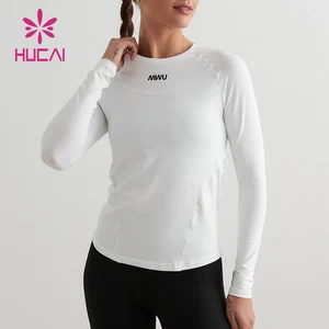 HUCAI Custom Spandex Dry Fit White Basic Super Soft Breathable Sports Tee Yoga Top Long Sleeve Gym t Shirt for Women