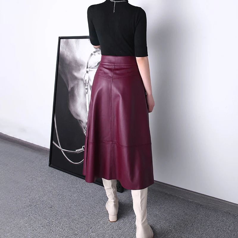 Spring 22 Ladies a Pattern New Fashion Wine Color Long Leather Skirt High Waist Real Leather Skirt With Placket Buttons
