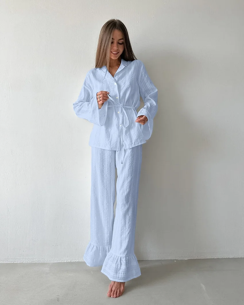 Women Cotton Pajama Set Long Sleeve Striped Jacquard Full Length Sleepwear Breathable Soft European American Style — detail